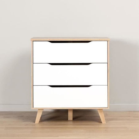 FINLANDIA VANKKA Cassettiera scandinava in rovere e bianco opaco + gambe in legno massello - L 80 cm