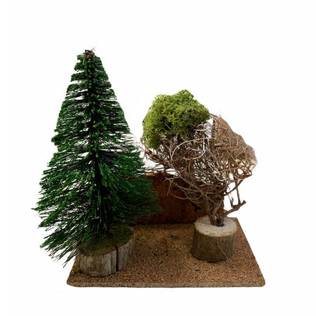 Alberello doppio folto per presepe natalizio con ceppo base e muschio h 17 cm