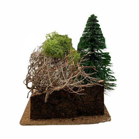 Alberello doppio folto per presepe natalizio con ceppo base e muschio h 17 cm