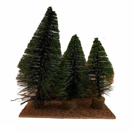 Set di tre alberi per presepe natalizio con base in legno e muschio