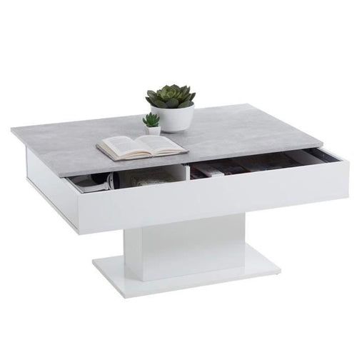 Tavolino bicolore con piano scorrevole - decoro LA grigio cemento e bianco lucido - L100 x H46,1 x P65 cm - Made in Germany