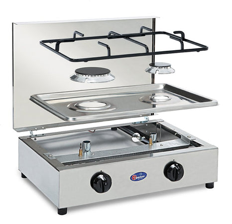 CFParker Fornello a Gas 2 Fuochi Gpl / Metano Acciaio Inox con Valvola di Sicurezza mod. FO3200ACCGPS