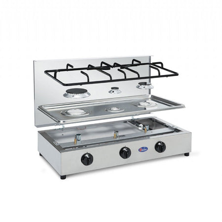 CFParker Fornello a Gas 3 Fuochi Gpl / Metano Acciaio inox con Piano Estraibile mod. FO300ACCGP