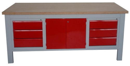 Banco da lavoro con cassettiere e vano centrale con ante monoblocco cm. 200x75x88h
