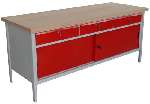 Banco monoblocco con top in legno di faggio sp. mm. 40 con ante e cassetti cm. 200x75x88h