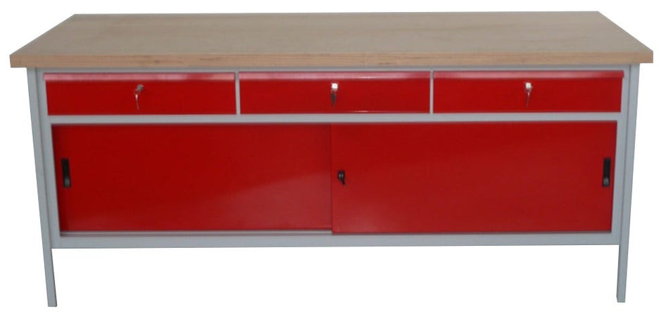 Banco monoblocco con top in legno di faggio sp. mm. 40 con ante e cassetti cm. 200x75x88h