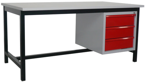 Banco da officina monoblocco con ripiano superiore in laminato grigio e cassettiera laterale cm. 160x90x72h