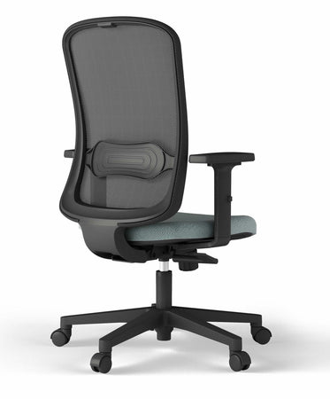 Poltroncina operativa con schienale fisso in rete colorata e poggiareni regolabile in altezza