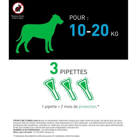 FRONTLINE 3 Pipette antiparassitarie COMBO Cane - da 10 a 20 kg - Pulci, zecche, pidocchi masticatori