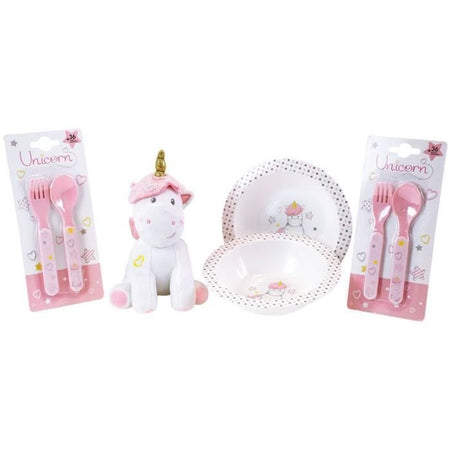 Set Stoviglie Unicorno per Bambini - FUN HOUSE - 006319 - 2 Piatti, 2 Set Posate e 1 Morbido Peluche