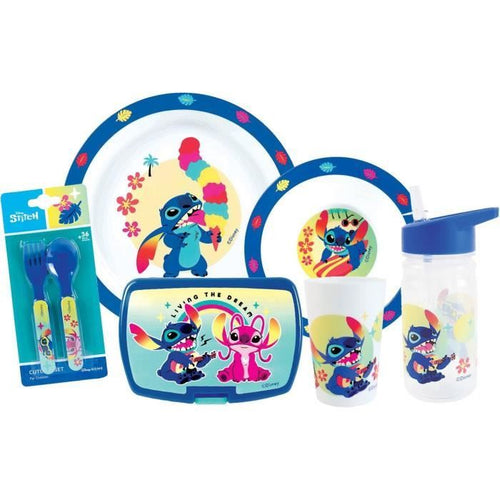 Set di piatti - FUN HOUSE - STITCH AND ANGEL - Bicchiere, piatto 22 cm e 16 cm, posate, borraccia e snack box