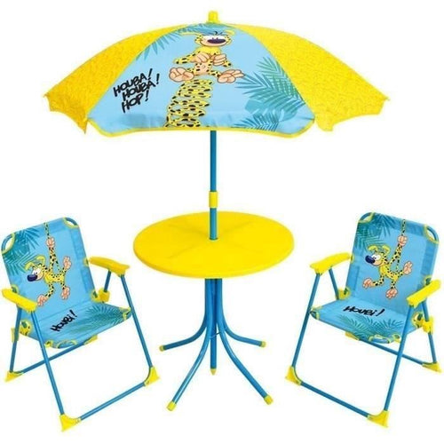 MARSUPILAMI Mobili da giardino per bambini comprensivi di 1 tavolo, 2 sedie pieghevoli e 1 ombrellone