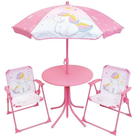 Mobili da giardino - FUN HOUSE - Mobili da giardino Unicorno: Tavolo H.46 x 46 cm, 2 sedie pieghevoli, ombrellone H.125 x 100 cm