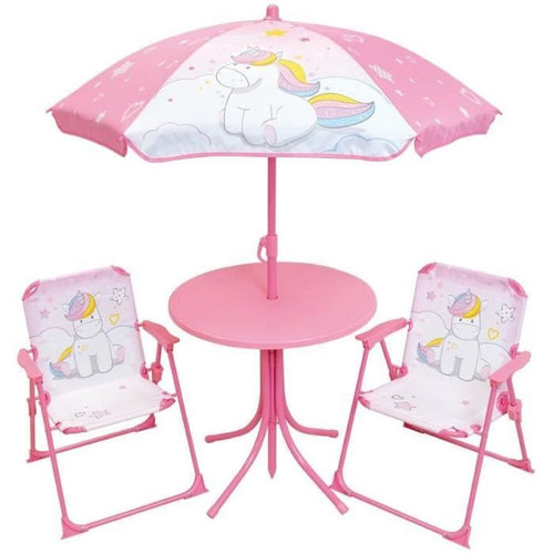 Mobili da giardino - FUN HOUSE - Mobili da giardino Unicorno: Tavolo H.46 x 46 cm, 2 sedie pieghevoli, ombrellone H.125 x 100 cm