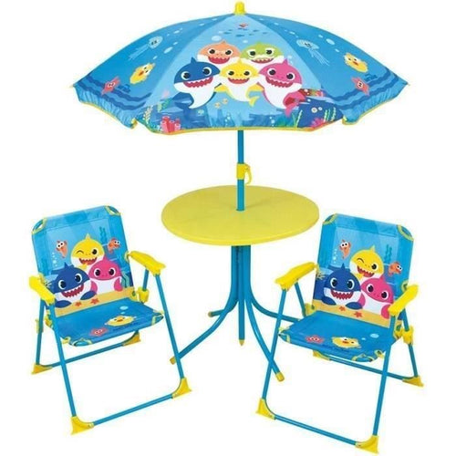 FUN HOUSE Baby Shark Mobili da giardino - 1 tavolo H.46x46 cm, 2 sedie H.53xL.38.5xP.37.5 cm e 1 ombrellone H.125 x 100 cm