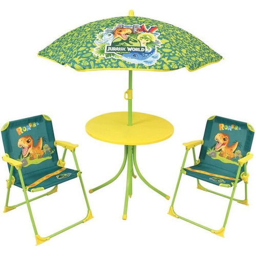 FUN HOUSE Mobili da giardino Jurassic Dinosaur - 1 tavolo 46 x 46 cm, 2 sedie 53 x 38,5 x 37,5 cm e 1 ombrellone 125 x 100 cm