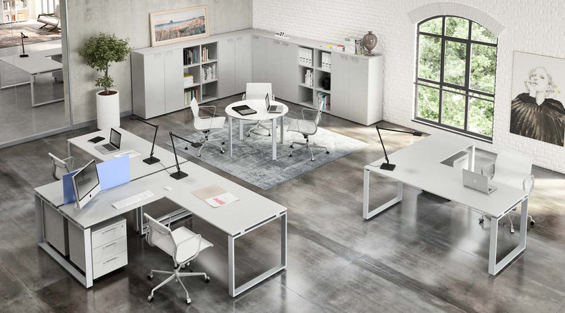 Scrivania in legno con gambe per ufficio ad anello e allungo cm. 200x160/180/200x75h