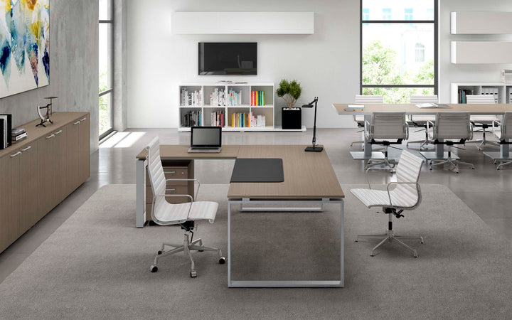 Scrivania in legno con gambe per ufficio ad anello e allungo cm. 200x160/180/200x75h