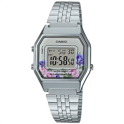 Orologio Casio per donna, LA680WA-4C, colore argento con quadrante fiorato, movimento al quarzo, impermeabile