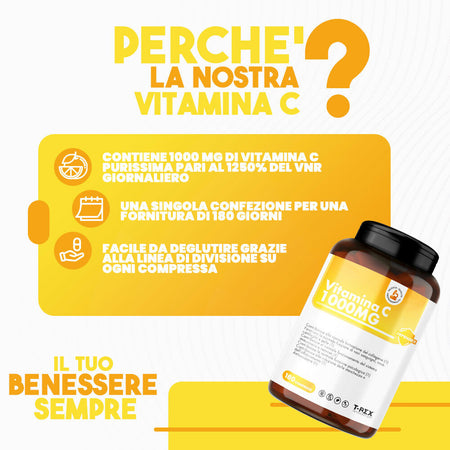 Vitamina c 1000mg, 180 compresse, 6 mesi di fornitura - alte difese immunitarie