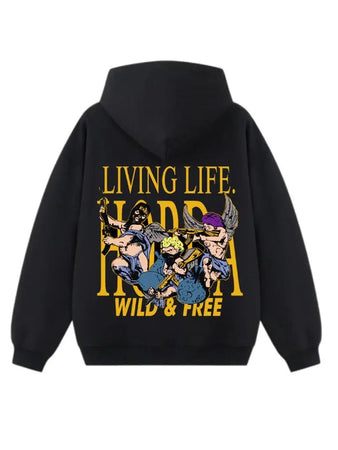 Felpa con cappuccio nera 100% cotone Boxy Fit Wild & Free Horda Brand Streetwear