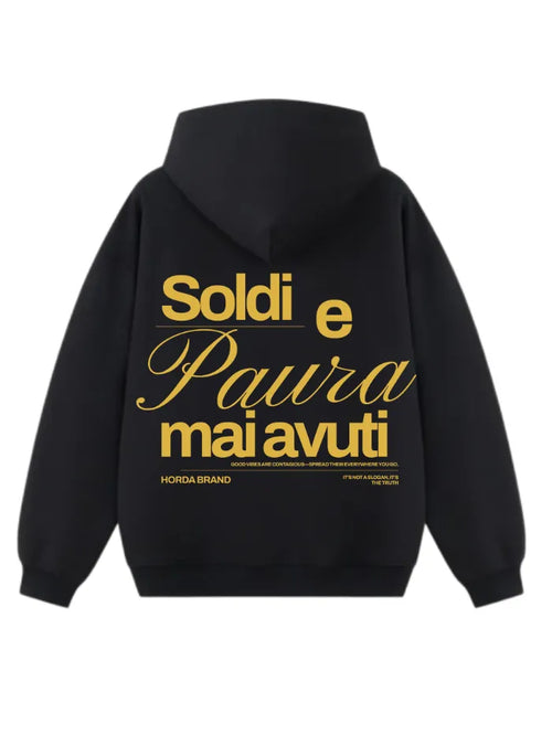 Felpa Nera con Cappuccio Soldi e Paura | Boxy Fit Made in Italy