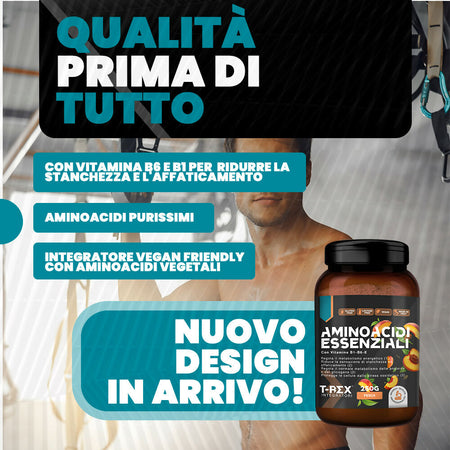Eaa aminoacidi essenziali con mix di vitamine b1, b6 ed e - integratore di amminoacidi naturali vegan ottenuti da fermentazione t-rex integratori (polvere, the alla pesca)