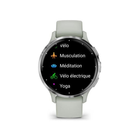 Orologio GPS connesso - GARMIN - Venu 3S - 30,4 mm (1.2) - Acciaio argentato, cassa verde salvia e cinturino in silicone verde salvia