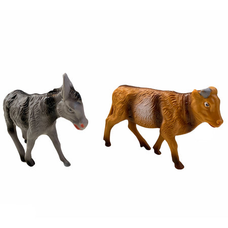 Statuette animali per presepe natalizio bue ed asinello in piedi h7 x 9 cm, set di 2 pezzi