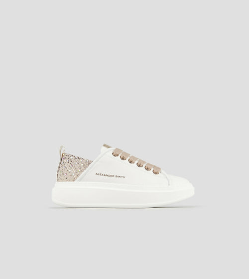 Alexander Smith Donna sneakers in pelle bianca e tallone beige con strass