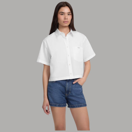 GJ Camicia Bianca Guess Boxy Cropped Cotone con Tasche e Bottoni