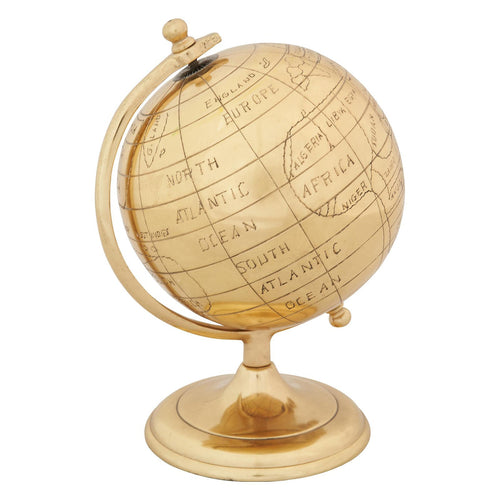 Mappamondo in metallo ottonato con piedistallo girevole sull'asse decorazione moderna h 25 cm