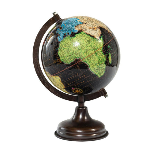 Mappamondo Nero con piedistallo in metallo girevole sull'asse decorazione moderna h 24 cm