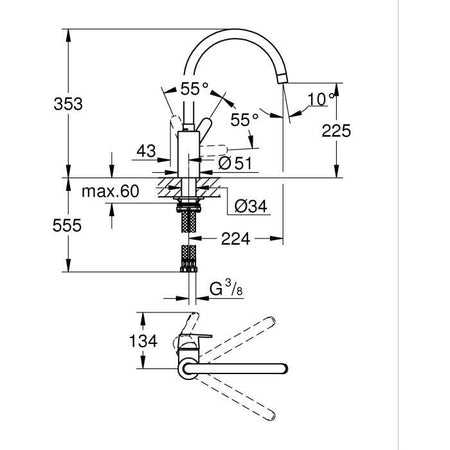 Rubinetto cucina - Cromo - Bocca a C - Bocca alta - Rotazione 150 - GROHE Get - 31494001