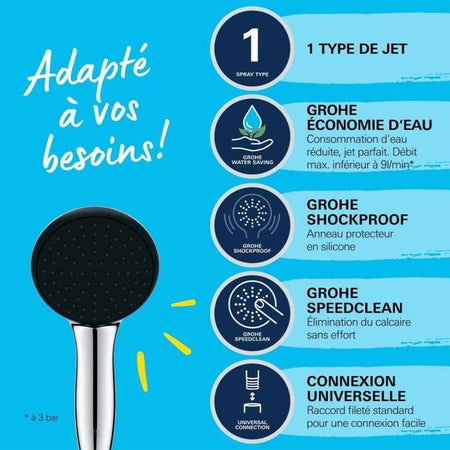 Soffione doccia - GROHE Vitalio Start 110 27940001 - 1 getto pioggia - Risparmio idrico - Processo anticalcare - Cromo