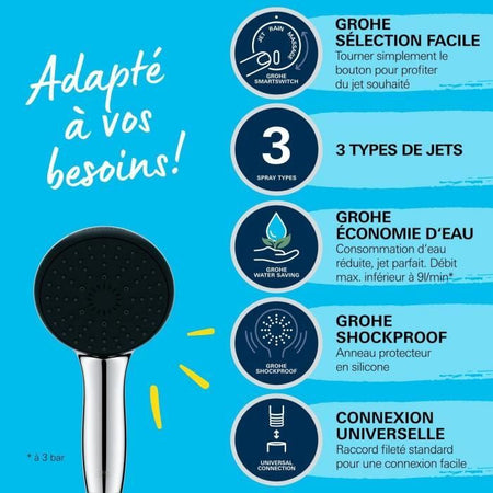 Soffione doccia - GROHE Vitalio Start 110 26031001 - 3 getti (Pioggia/Stimolante/Massaggio) - Selezione facile - Risparmio idrico - Cromo