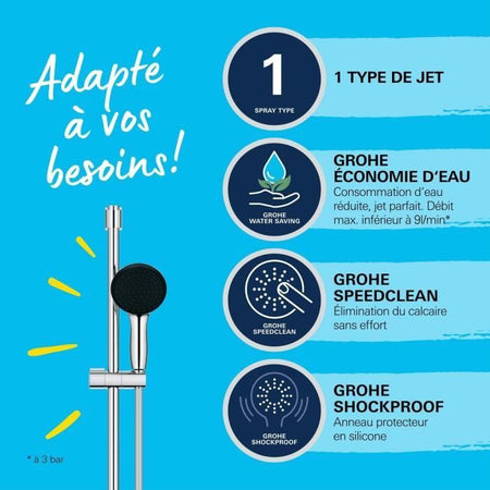 Set doccia con soffione 1 getto, asta da 60 cm e flessibile da 1,75 m - GROHE Vitalio Start 110 27942001 - Risparmio idrico - Cromo
