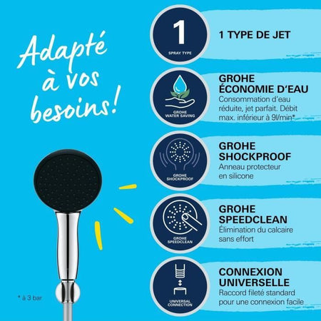 Set doccia con soffione a pioggia 1 getto, supporto e flessibile da 1,75 mt - GROHE Vitalio Start 110 27944001 - Risparmio idrico
