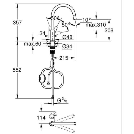 Rubinetto cucina - Cromo - Bocca alta a C - Aeratore estraibile - Rotazione 360 - Limitatore di portata - GROHE Start Curve - 30562000