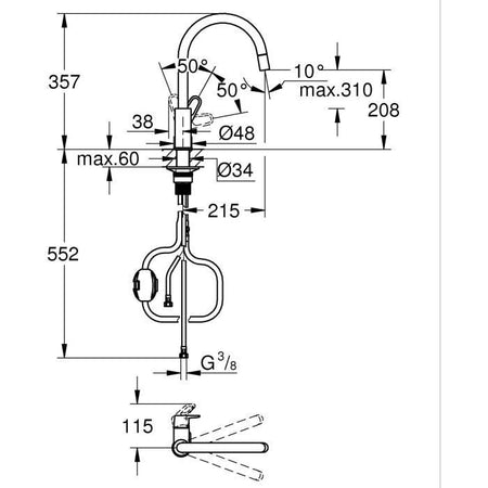 Rubinetto cucina - Cromo - Bocca alta a C - Aeratore estraibile - Rotazione 360 - Limitatore di portata - GROHE Start Flow - 30569000