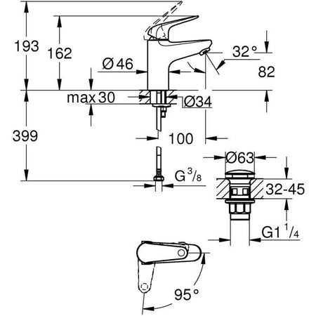 Miscelatore monocomando lavabo - GROHE Swift - 24323001 - Cromo - Taglia S - Apertura acqua fredda - Risparmio idrico - Scarico click-clack