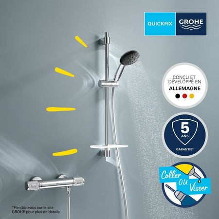Set doccia con miscelatore termostatico, soffione 3 getti, asta 60 cm e flessibile - GROHE 34791001 - Water saving - Cromo