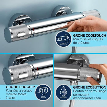 Set doccia con miscelatore termostatico, soffione 3 getti, asta 60 cm e flessibile - GROHE 34791001 - Water saving - Cromo