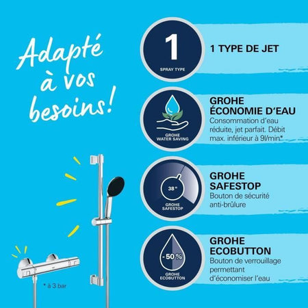 Set doccia con miscelatore termostatico, soffione 1 getto, asta 60 cm e flessibile - GROHE 34597001 - Water saving - Cromo