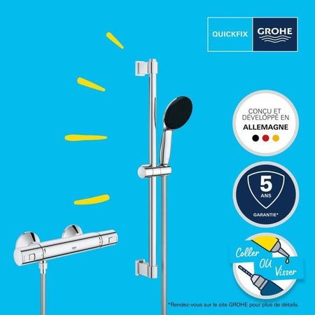 Set doccia con miscelatore termostatico, soffione 1 getto, asta 60 cm e flessibile - GROHE 34597001 - Water saving - Cromo