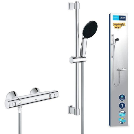 Set doccia con miscelatore termostatico, soffione 1 getto, asta 60 cm e flessibile - GROHE 34597001 - Water saving - Cromo