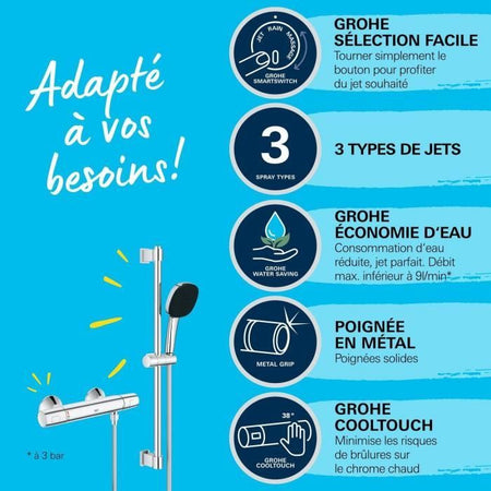 Set doccia con miscelatore termostatico, soffione 3 getti, asta 60 cm e flessibile - GROHE 34237003 - Water saving - Cromo