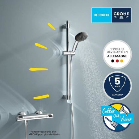 Set doccia con miscelatore termostatico, soffione 1 getto, asta 60 cm e flessibile - GROHE 34800001 - Water saving - Cromo