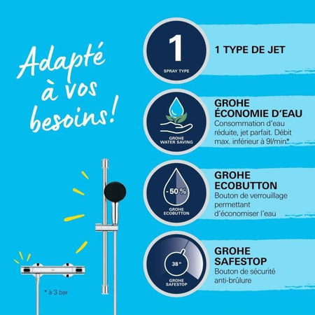 Set doccia con miscelatore termostatico, soffione 1 getto, asta 60 cm e flessibile - GROHE 34800001 - Water saving - Cromo