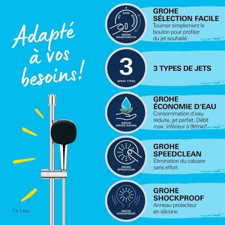 Set doccia con soffione 3 getti, asta e flessibile - GROHE Vitalio Comfort 110 26096001 - Selezione facile - Risparmio idrico